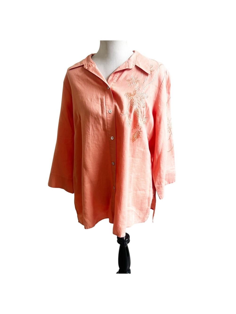 Edward Women Irish Linen Embroidered Collared Button Down Shirt Peach Size 1X